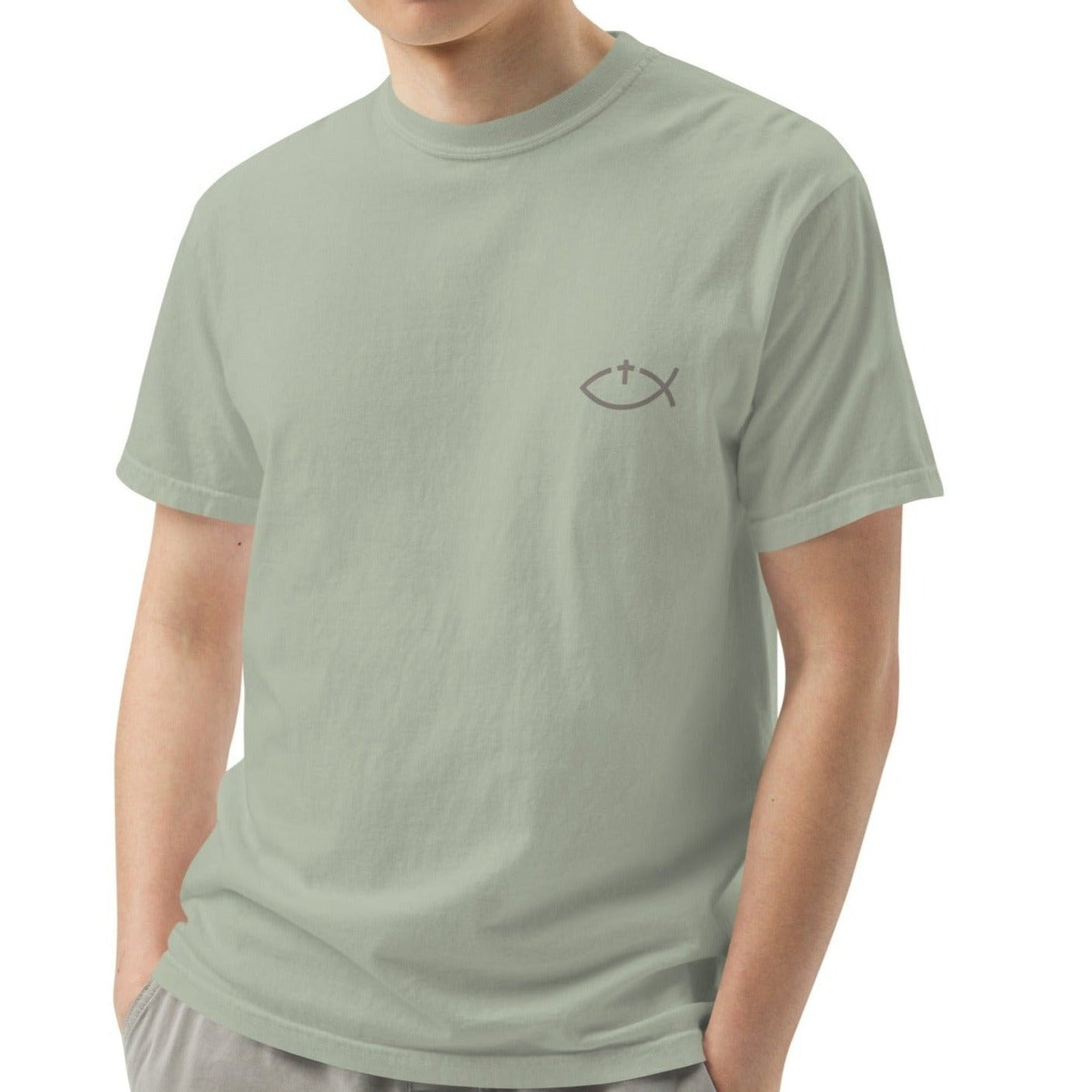 Aaryn Unisex Heavyweight T-shirt. "Ichthys or Jesus Fish with Cross" Choose from 6 colors.