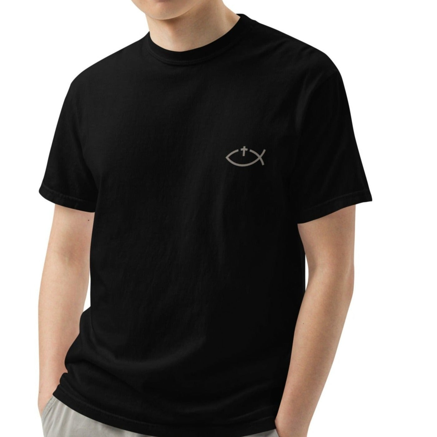 Aaryn Unisex Heavyweight T-shirt. "Ichthys or Jesus Fish with Cross" Choose from 6 colors.