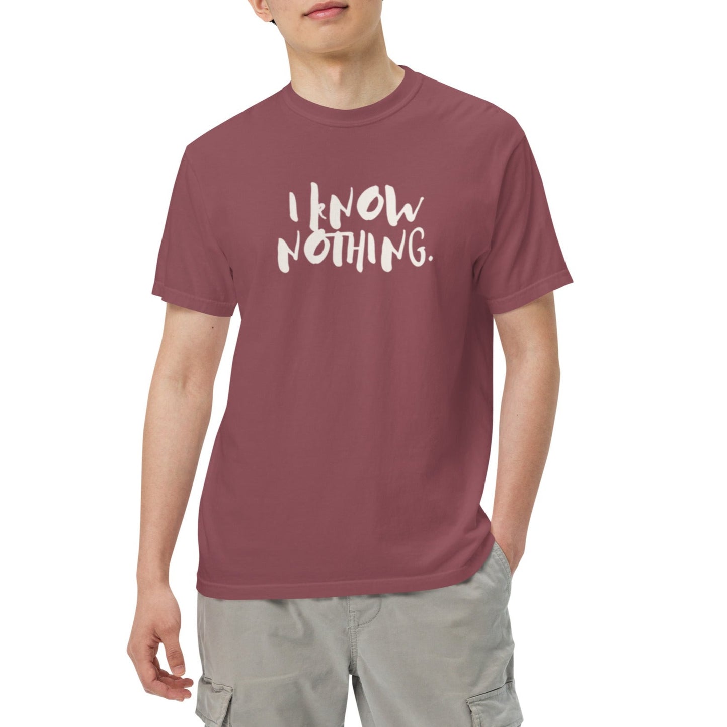 Drai Unisex Heavyweight T-shirt. 'I KNOW NOTHING" Choose from 8 colors.