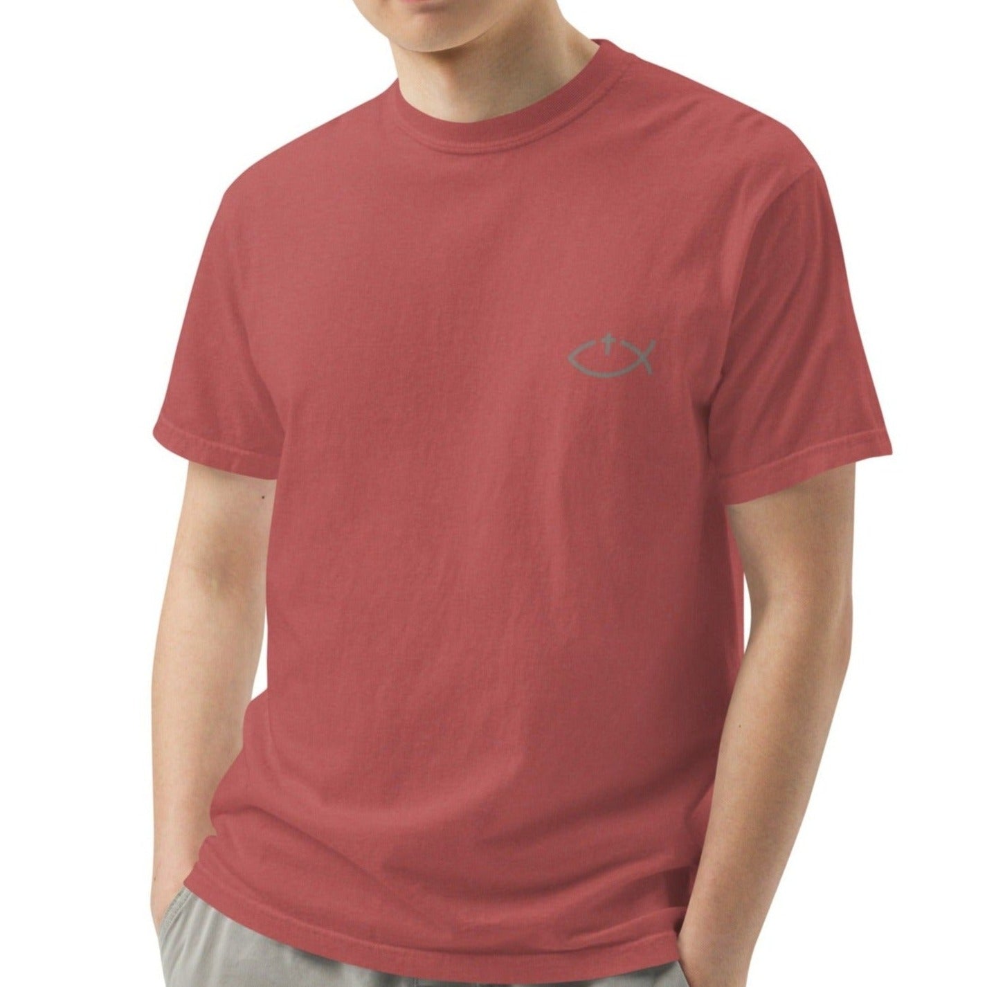 Aaryn Unisex Heavyweight T-shirt. "Ichthys or Jesus Fish with Cross" Choose from 6 colors.