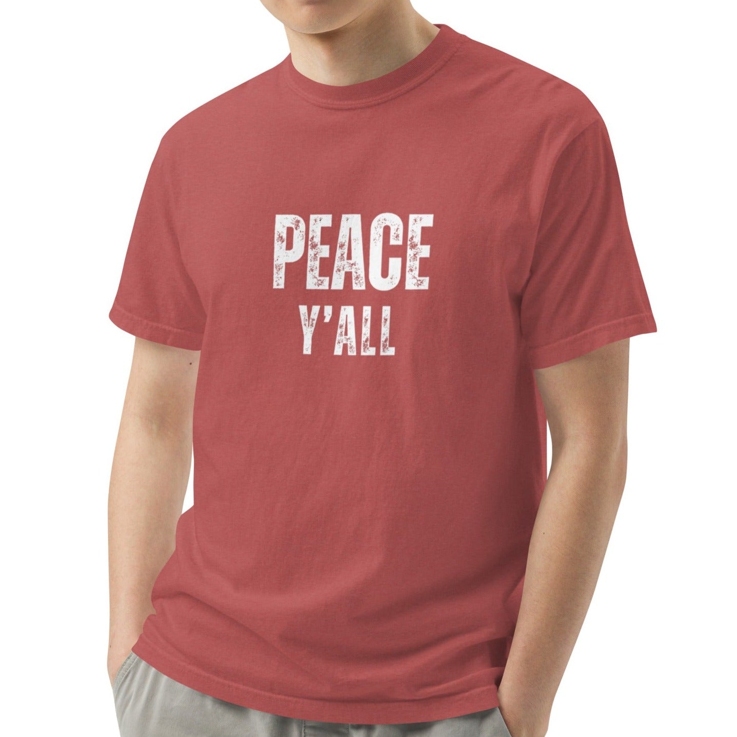 Ashton Unisex Heavyweight T-shirt. "PEACE Y'ALL" Choose from 6 colors with white print.
