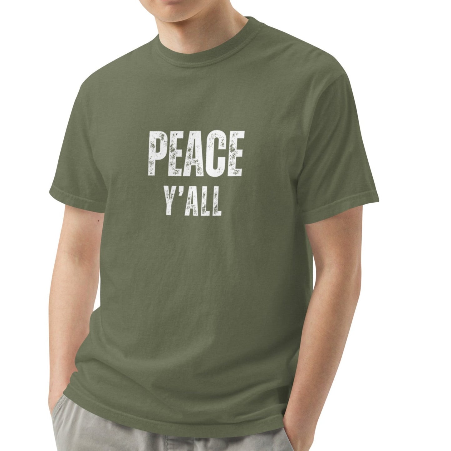 Ashton Unisex Heavyweight T-shirt. "PEACE Y'ALL" Choose from 6 colors with white print.