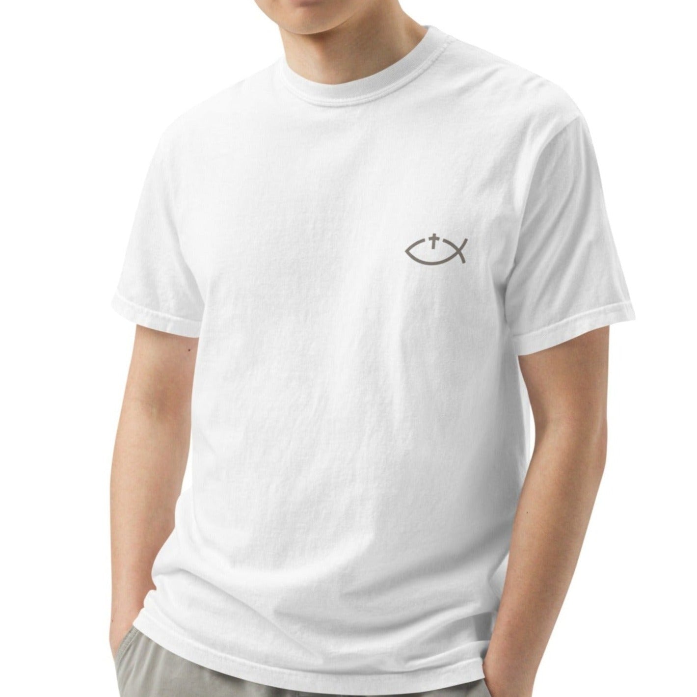Aaryn Unisex Heavyweight T-shirt. "Ichthys or Jesus Fish with Cross" Choose from 6 colors.