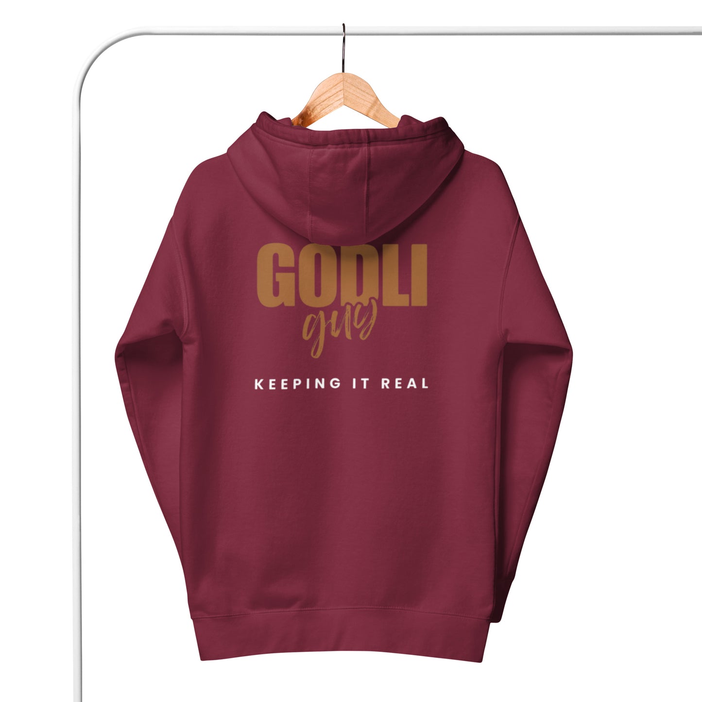 Finn Hoodie. "GODLIGUY. KEEPING IT REAL" Choose from 5 colors in goldenrod/white.