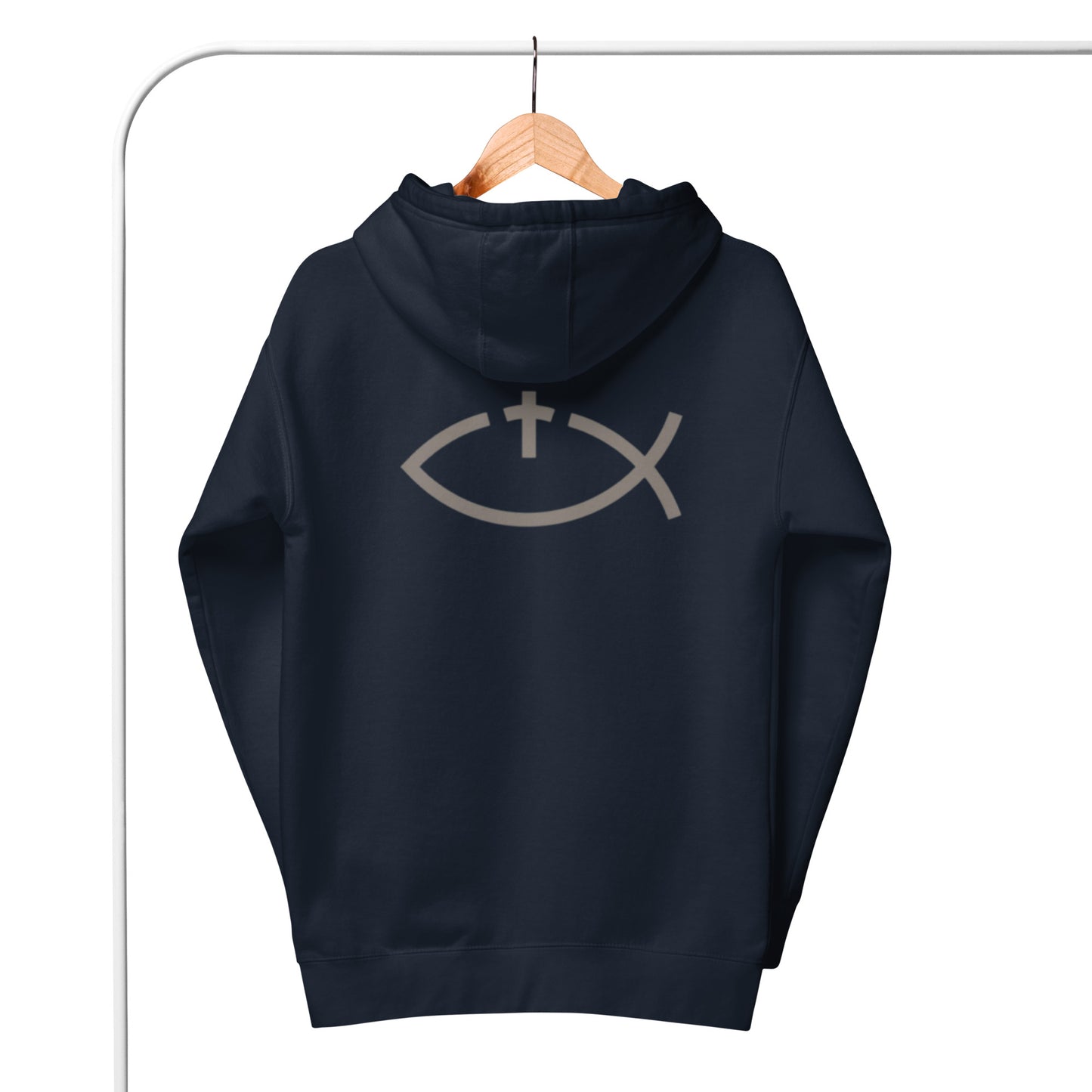 Aaryn 1 Unisex Hoodie. "Ichthys or Jesus Fish with Cross" Choose from 5 colors.
