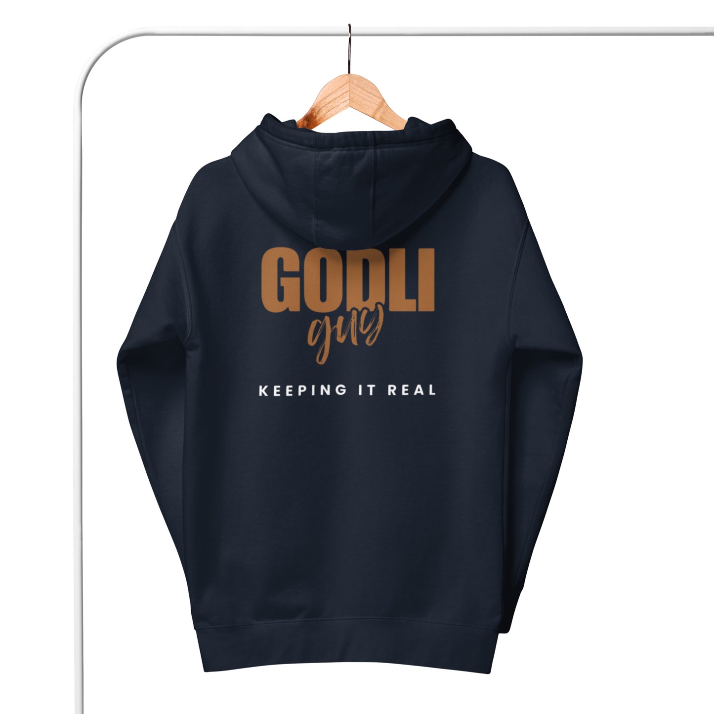 Finn Hoodie. "GODLIGUY. KEEPING IT REAL" Choose from 5 colors in goldenrod/white.