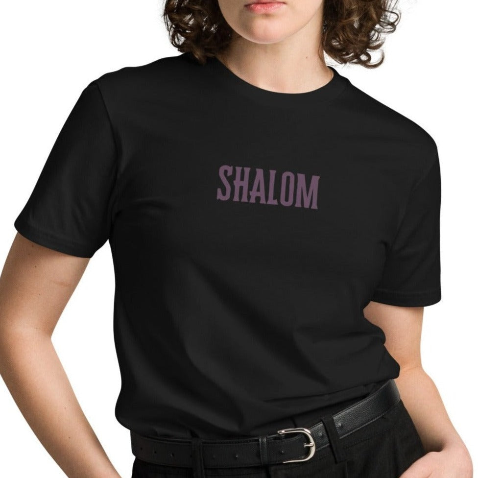 Peace Unisex T-shirt. "SHALOM" Choose from 5 colors with soft purple print.