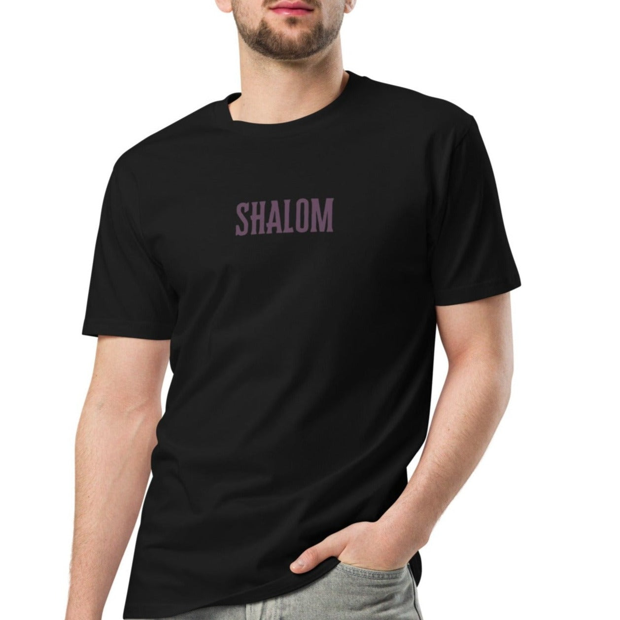 Peace Unisex T-shirt. "SHALOM" Choose from 5 colors with soft purple print.