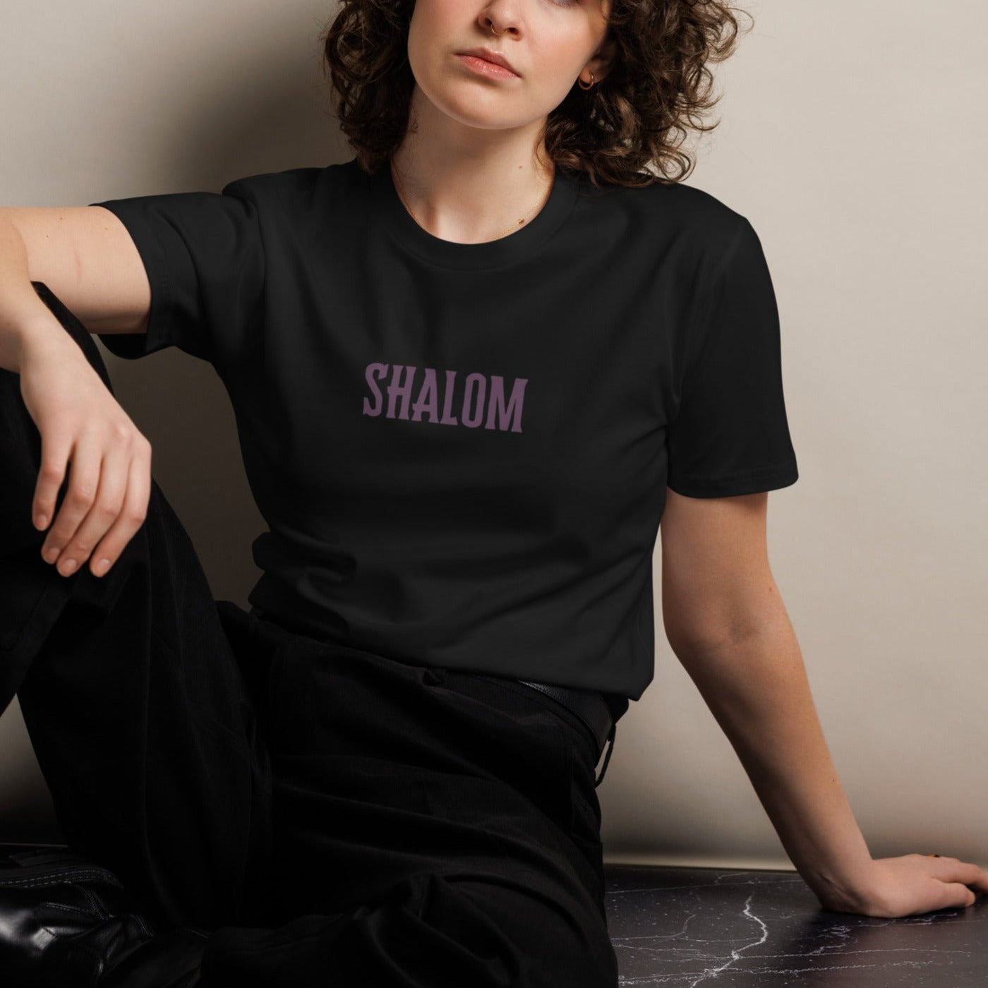 Peace Unisex T-shirt. "SHALOM" Choose from 5 colors with soft purple print.
