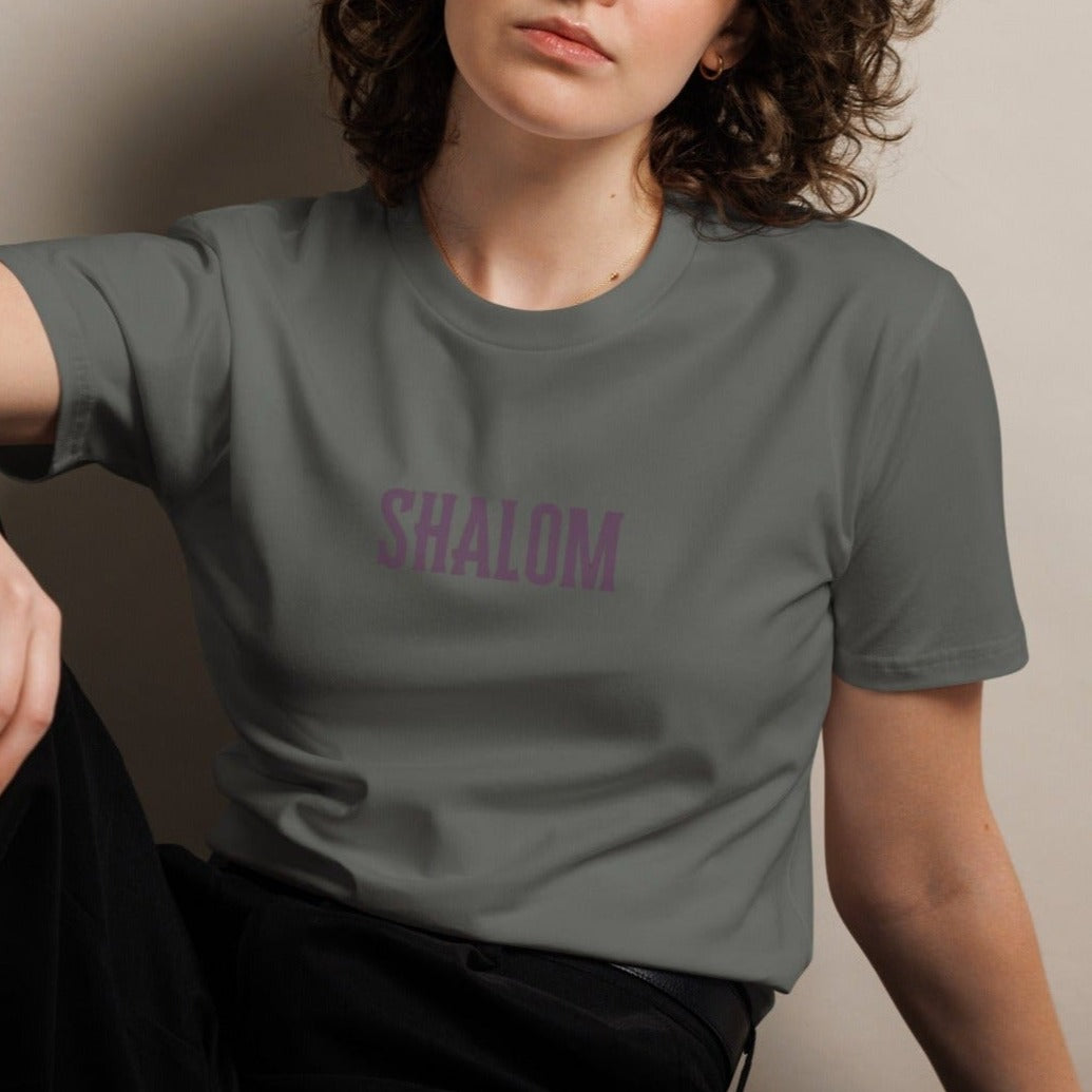 Peace Unisex T-shirt. "SHALOM" Choose from 5 colors with soft purple print.