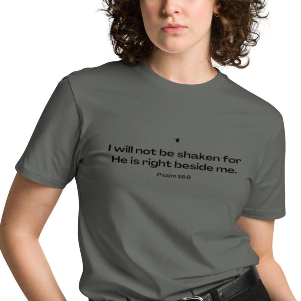 Zyn Classic T-shirt. "I WILL NOT BE SHAKEN FOR HE IS RIGHT BESIDE ME" Choose from 3 colors.