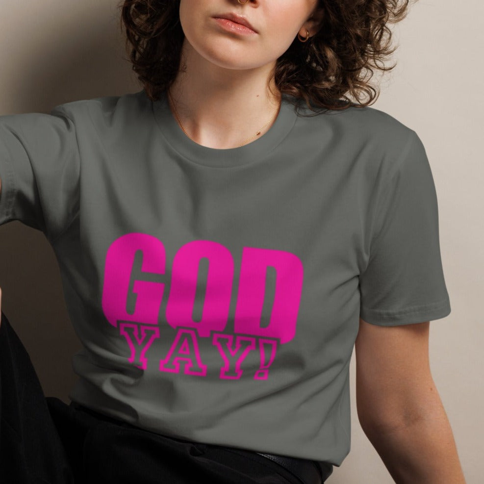 Adrian Unisex Classic T-shirt. "GOD YAY!" Choose from 4 colors with hot pink print.