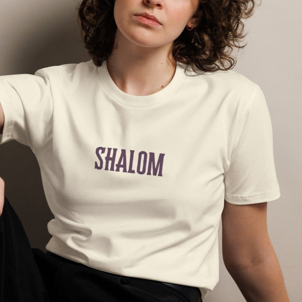 Peace Unisex T-shirt. "SHALOM" Choose from 5 colors with soft purple print.