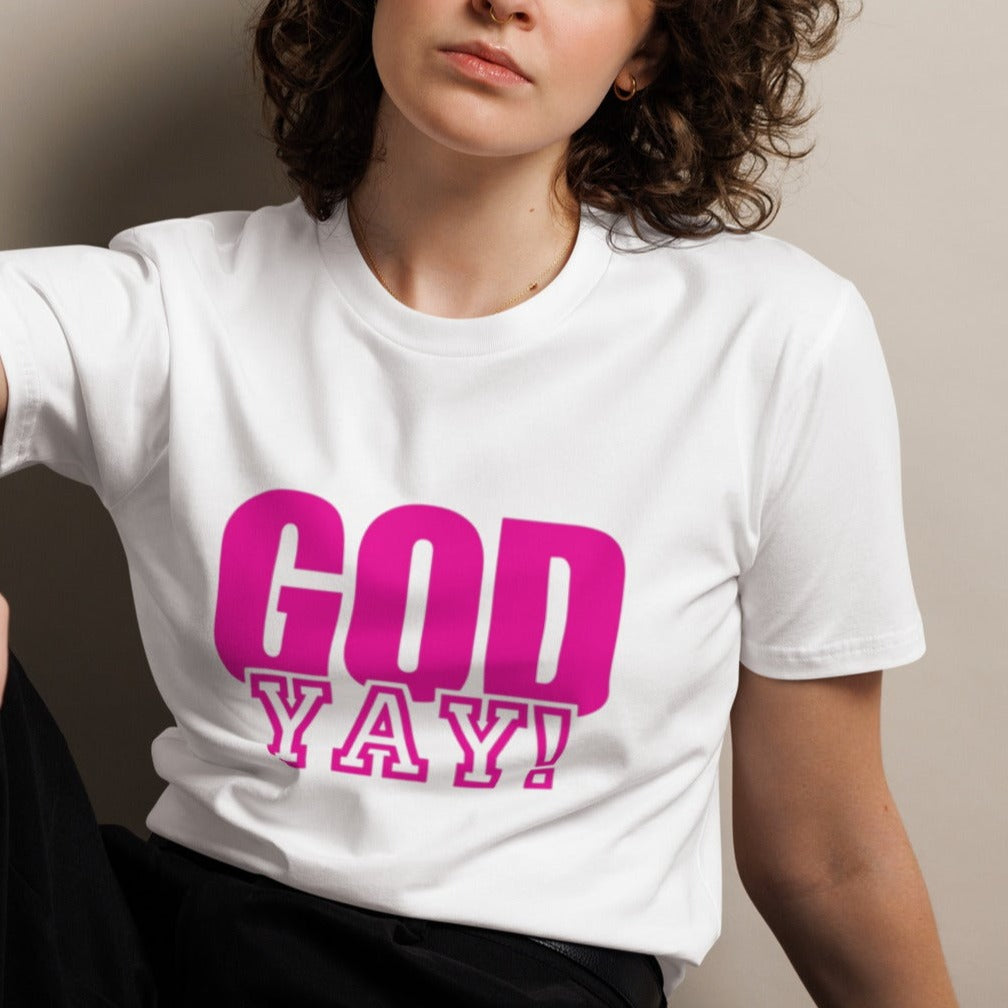 Adrian Unisex Classic T-shirt. "GOD YAY!" Choose from 4 colors with hot pink print.