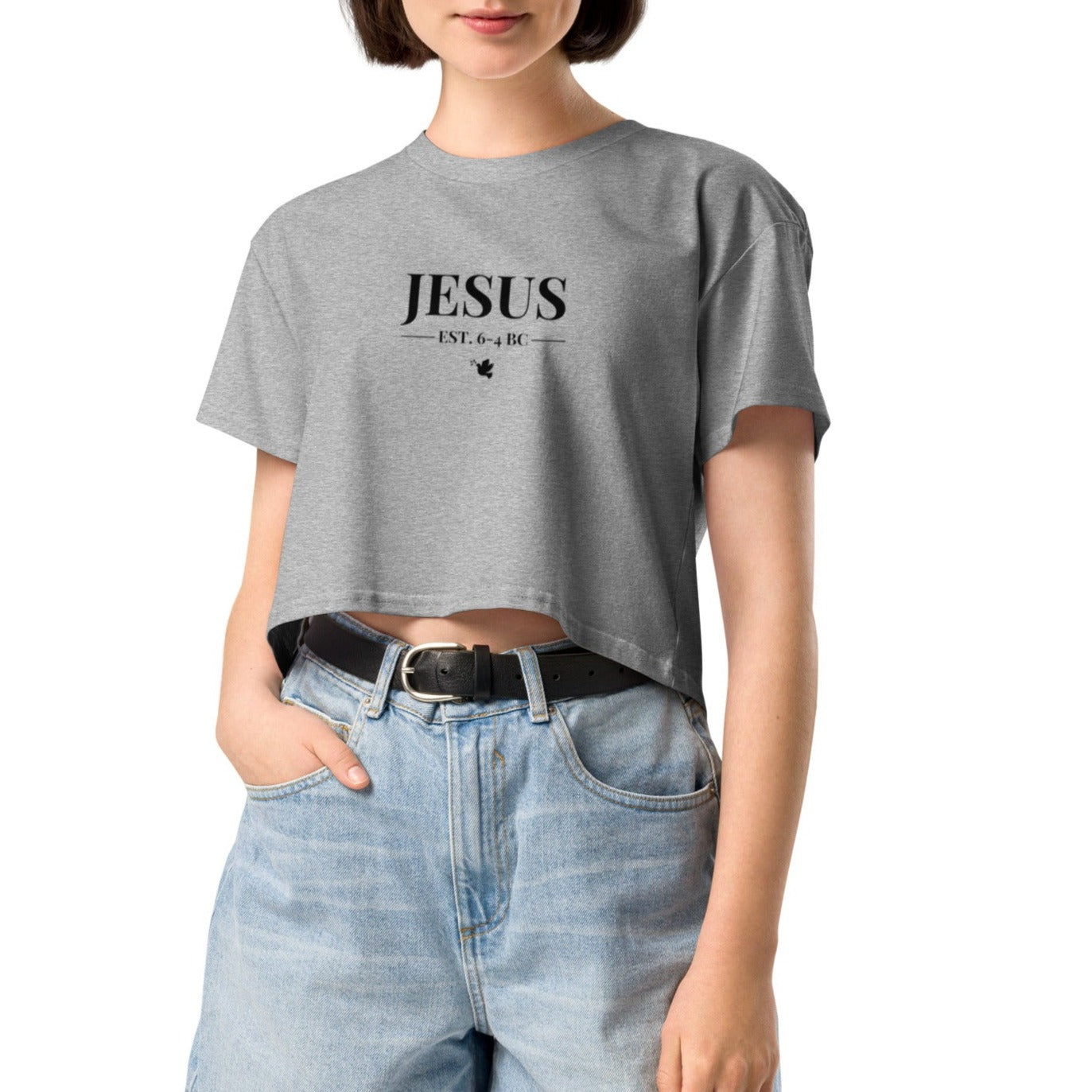 Dane Crop Tee. "JESUS EST. 6-4 BC" Choose from 4 colors.
