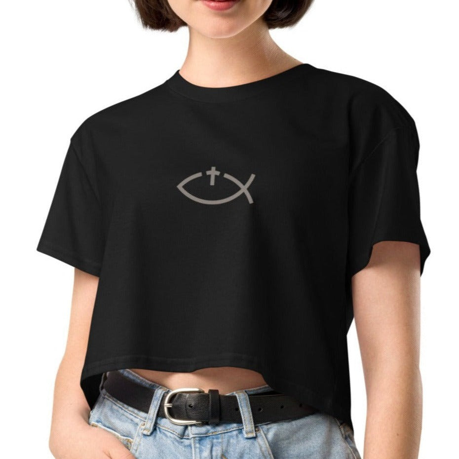 Aaryn Crop Tee. "Ichthys or Jesus Fish with Cross" Choose from 4 colors.