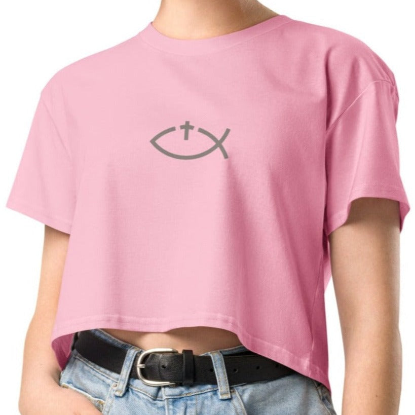 Aaryn Crop Tee. "Ichthys or Jesus Fish with Cross" Choose from 4 colors.