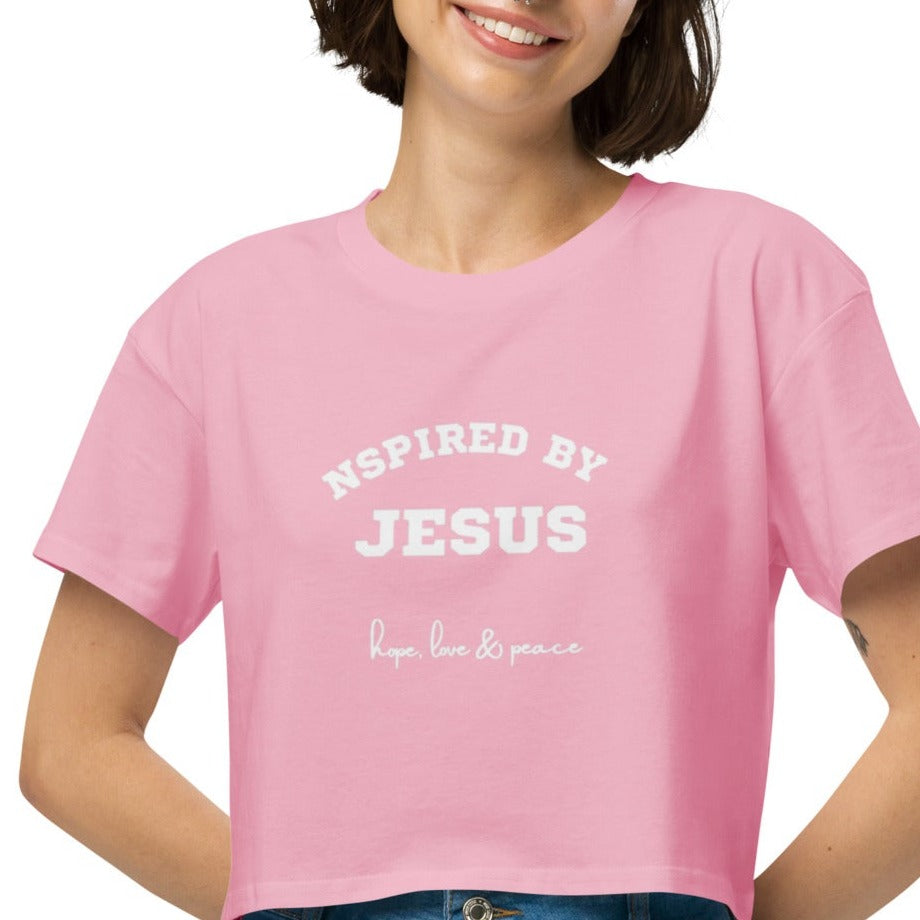 Drew Crop Tee. "NSPIRED BY JESUS. HOPE, LOVE & PEACE" Choose from 4 colors.