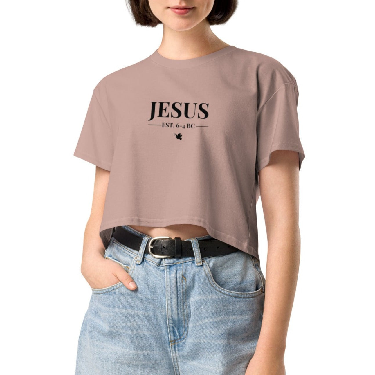 Dane Crop Tee. "JESUS EST. 6-4 BC" Choose from 4 colors.