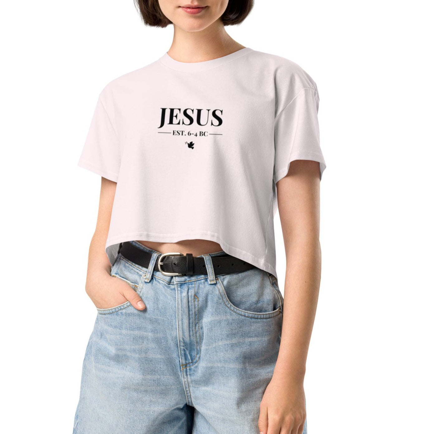 Dane Crop Tee. "JESUS EST. 6-4 BC" Choose from 4 colors.