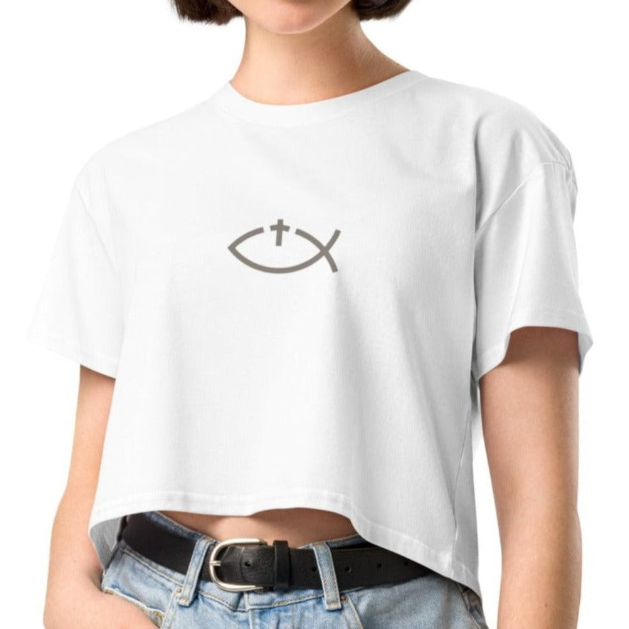 Aaryn Crop Tee. "Ichthys or Jesus Fish with Cross" Choose from 4 colors.