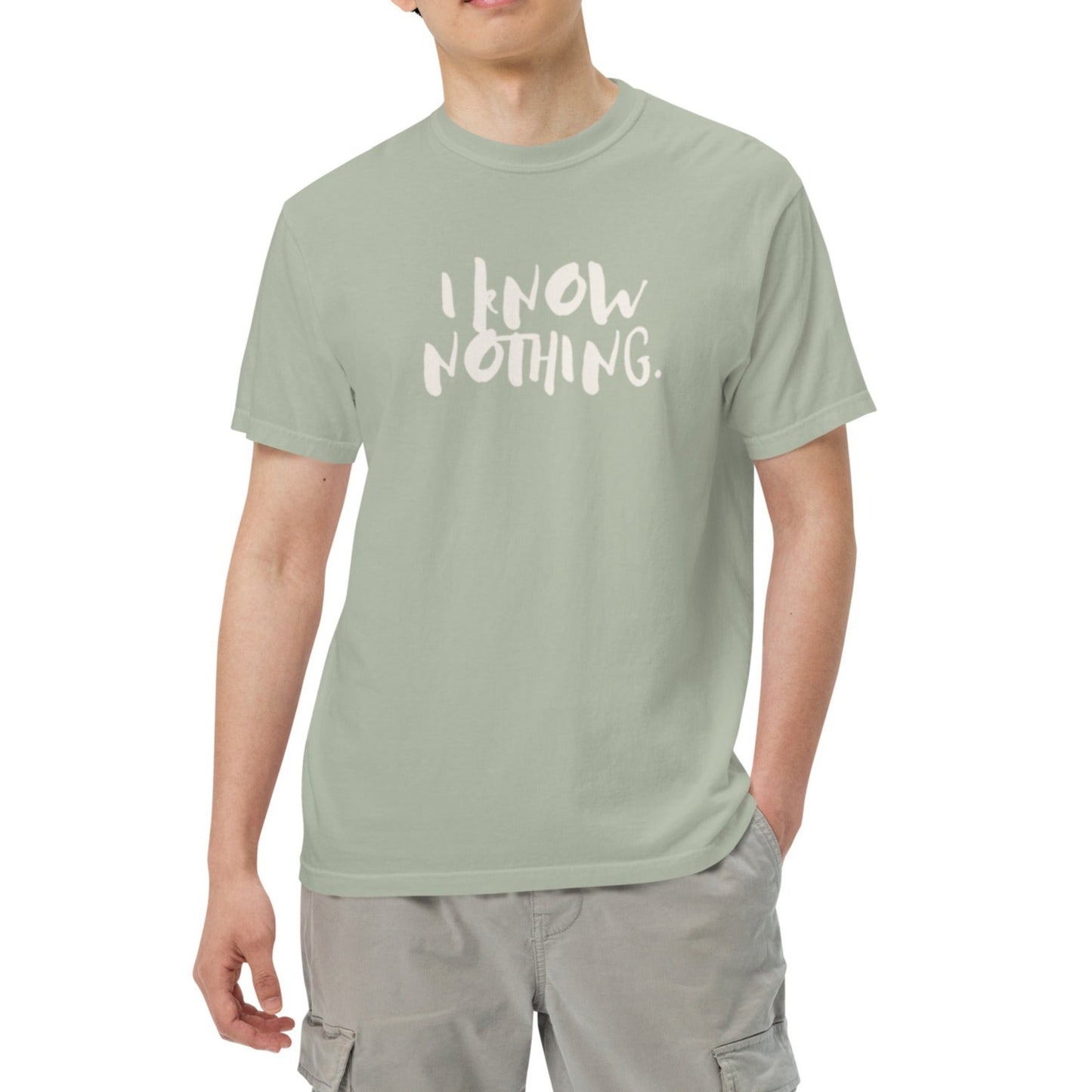 Drai Unisex Heavyweight T-shirt.  'I KNOW NOTHING"  Choose from 8 colors.