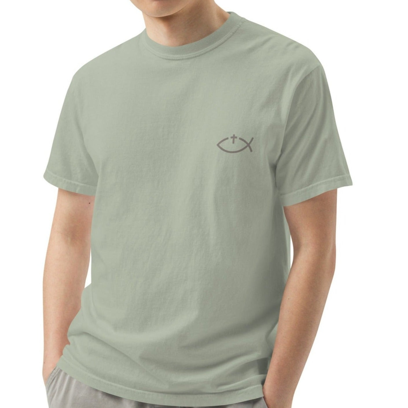 Aaryn Unisex Heavyweight T-shirt.  "Ichthys or Jesus Fish with Cross"  Choose from 6 colors.