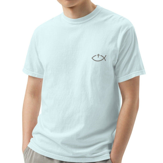 Aaryn Unisex Heavyweight T-shirt.  "Ichthys or Jesus Fish with Cross"  Choose from 6 colors.