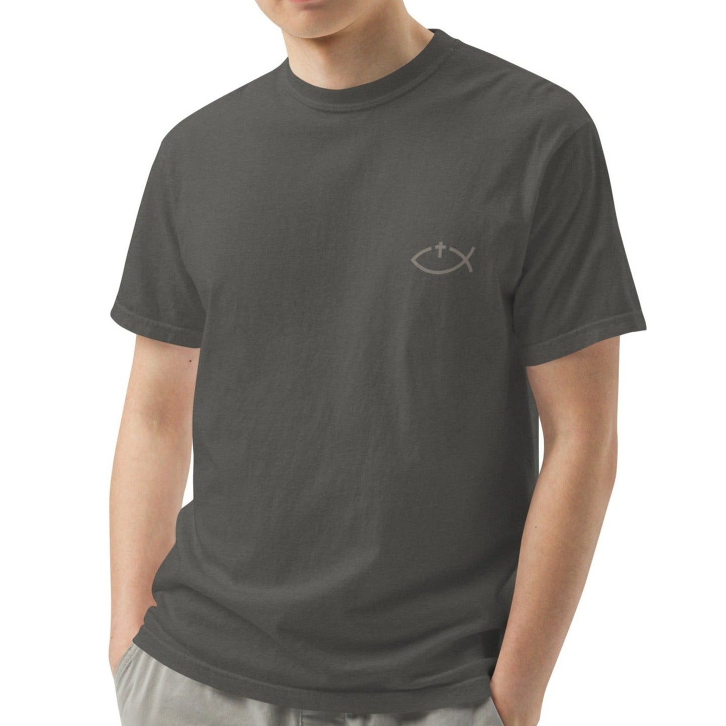 Aaryn Unisex Heavyweight T-shirt.  "Ichthys or Jesus Fish with Cross"  Choose from 6 colors.