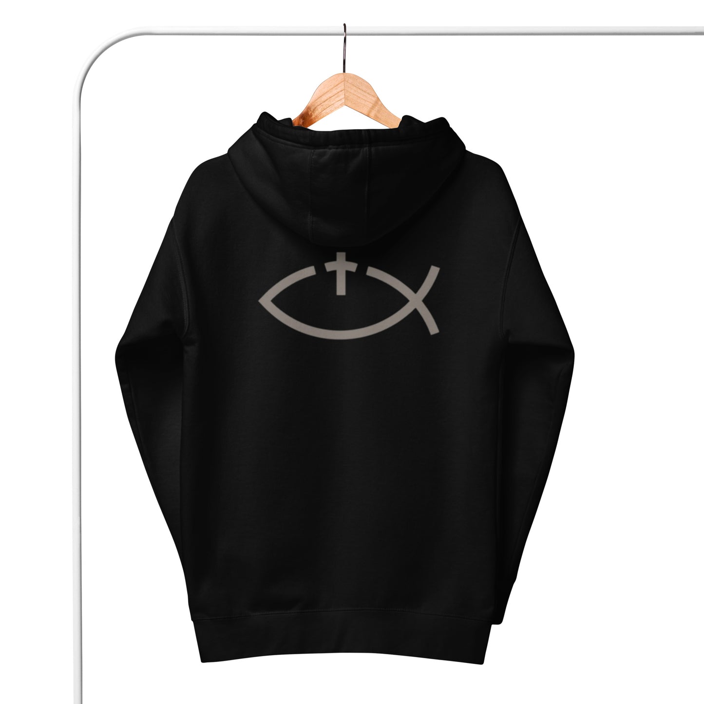 Aaryn 1 Unisex Hoodie.  "Ichthys or Jesus Fish with Cross"  Choose from 5 colors.