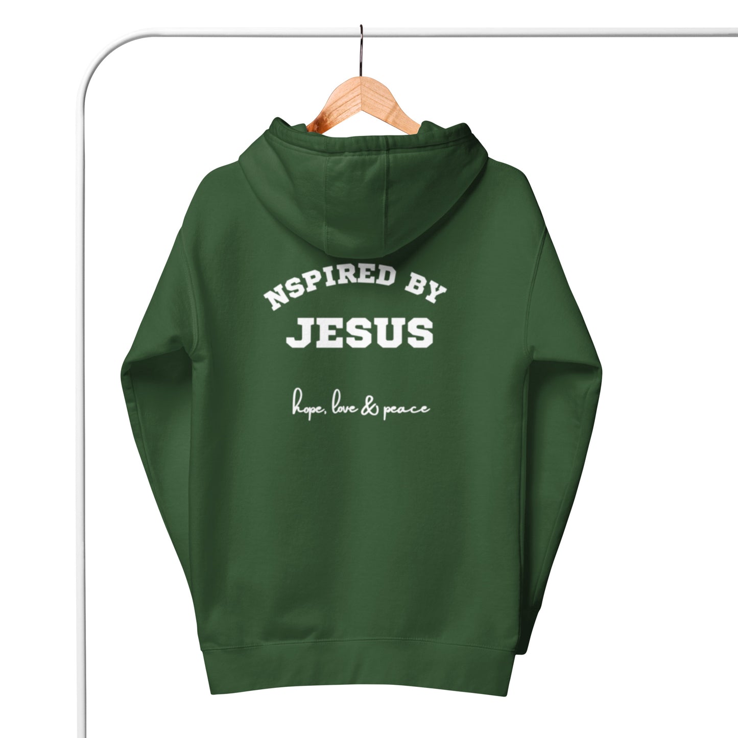 Drew Unisex Hoodie.  "NSPIRED BY JESUS.  HOPE, LOVE & PEACE"  Choose from 5 colors.