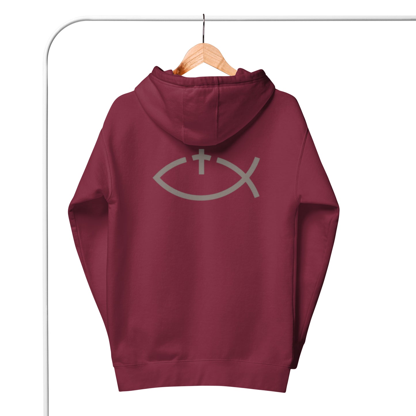 Aaryn 1 Unisex Hoodie.  "Ichthys or Jesus Fish with Cross"  Choose from 5 colors.