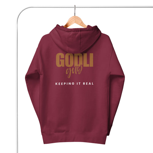 Finn Hoodie.  "GODLIGUY.  KEEPING IT REAL"  Choose from 5 colors in goldenrod/white.