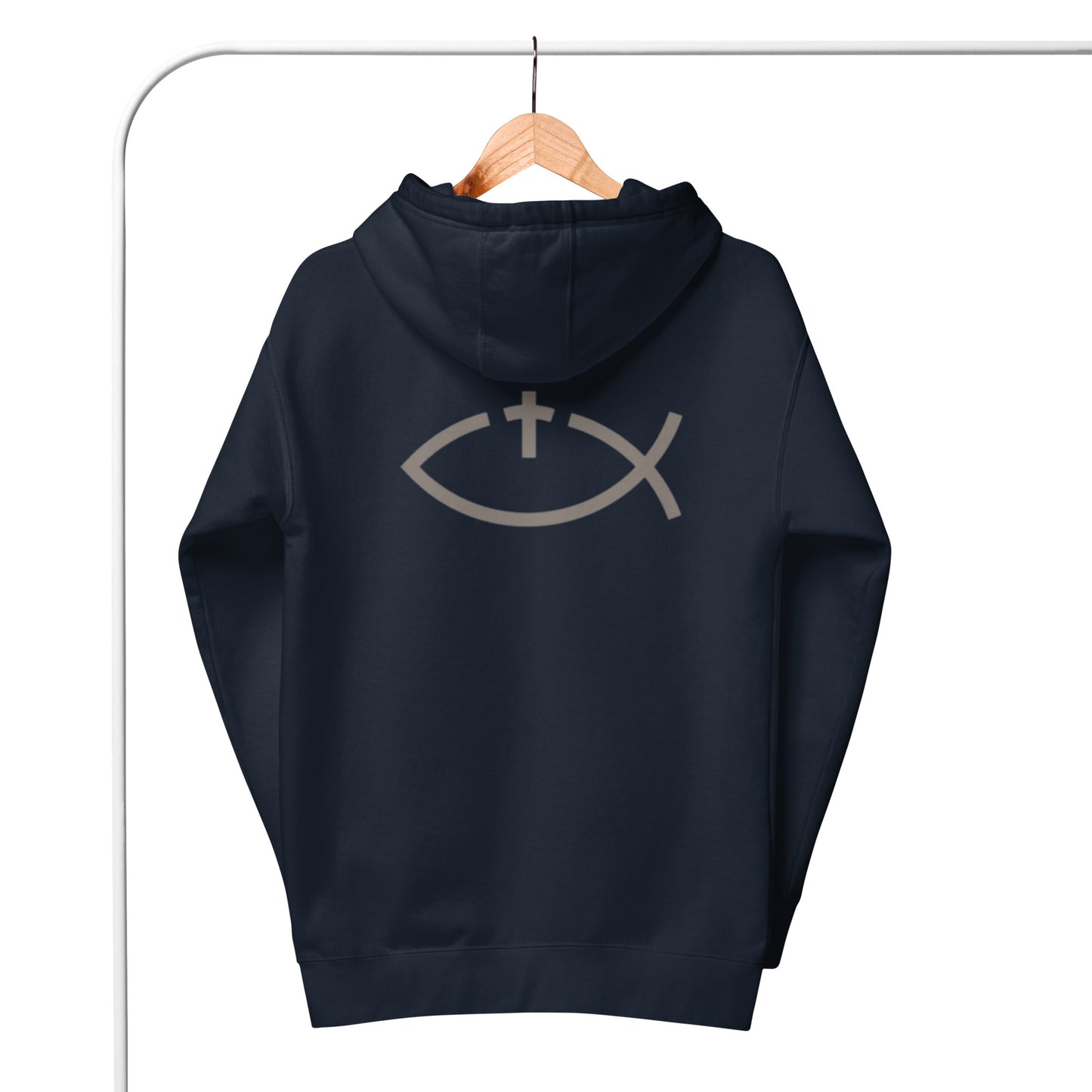 Aaryn 1 Unisex Hoodie.  "Ichthys or Jesus Fish with Cross"  Choose from 5 colors.