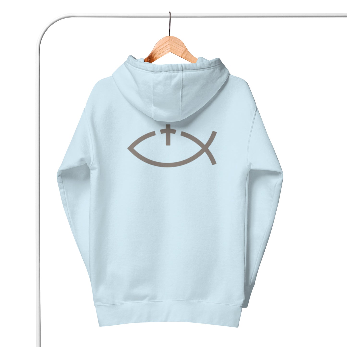 Aaryn 1 Unisex Hoodie.  "Ichthys or Jesus Fish with Cross"  Choose from 5 colors.