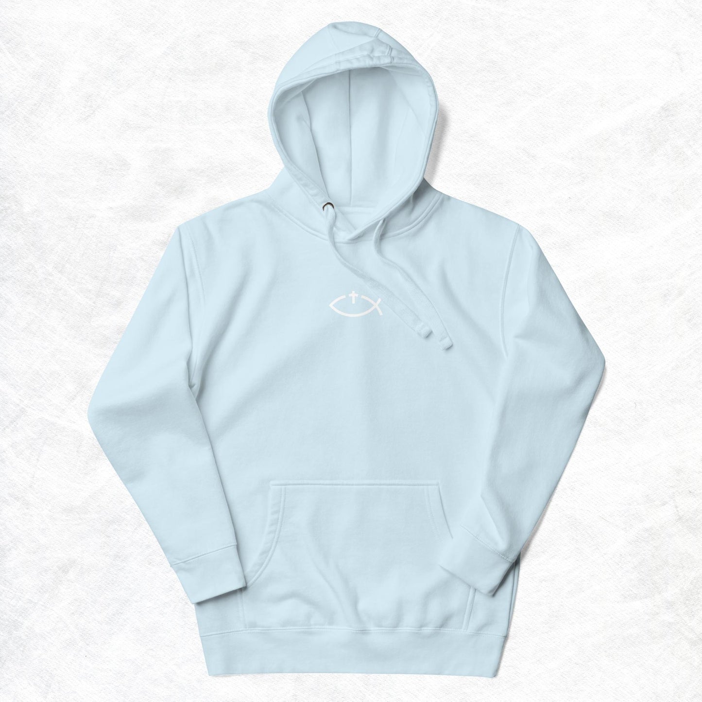 Aaryn Unisex Hoodie.   "Ichthys or Jesus Fish with Cross"  Choose from 9 colors.