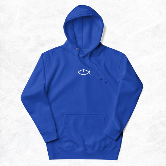 Aaryn Unisex Hoodie.   "Ichthys or Jesus Fish with Cross"  Choose from 9 colors.