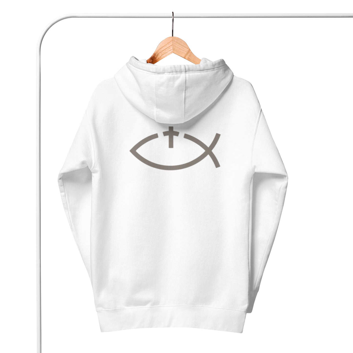 Aaryn 1 Unisex Hoodie.  "Ichthys or Jesus Fish with Cross"  Choose from 5 colors.