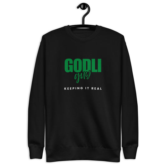 Finn Crewneck Sweatshirt.   "GODLIGUY. KEEPING IT REAL"  Choose from 5 colors.