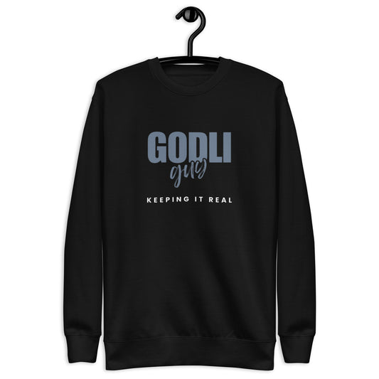 Finn Crewneck Sweatshirt.   "GODLIGUY. KEEPING IT REAL"  Choose from 3 colors.