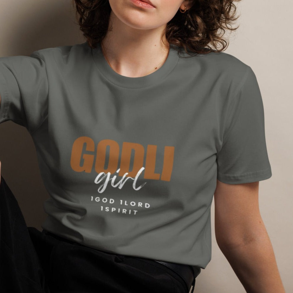 Noa Classic T-shirt.  "GODLIGIRL. 1GOD 1LORD 1SPIRIT"  Choose from 3 colors.