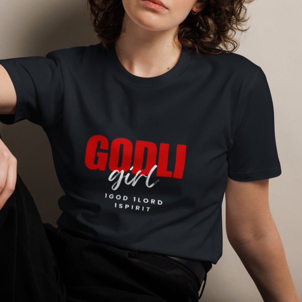 Noa Classic T-shirt.  "GODLIGIRL. 1GOD 1LORD 1SPIRIT"  Choose from 3 colors.