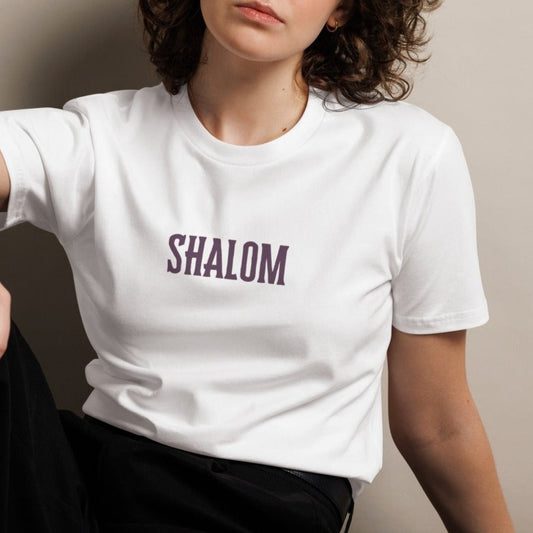 Peace Unisex T-shirt.   "SHALOM"  Choose from 5 colors with soft purple print.