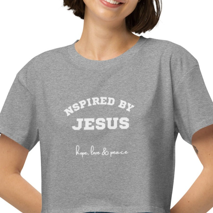 Drew Crop Tee.  "NSPIRED BY JESUS.  HOPE, LOVE & PEACE"  Choose from 4 colors.