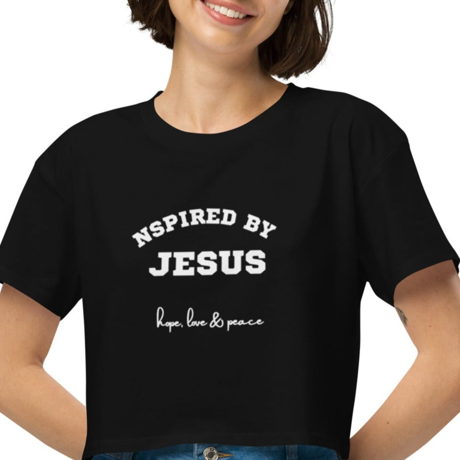 Drew Crop Tee.  "NSPIRED BY JESUS.  HOPE, LOVE & PEACE"  Choose from 4 colors.