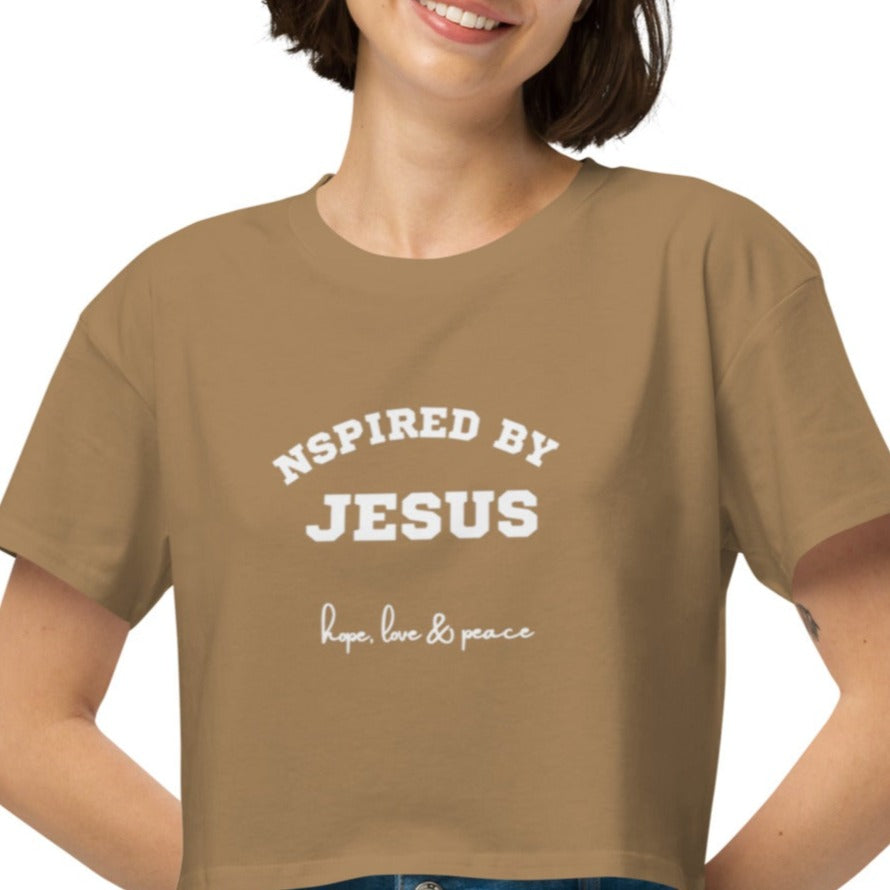 Drew Crop Tee.  "NSPIRED BY JESUS.  HOPE, LOVE & PEACE"  Choose from 4 colors.