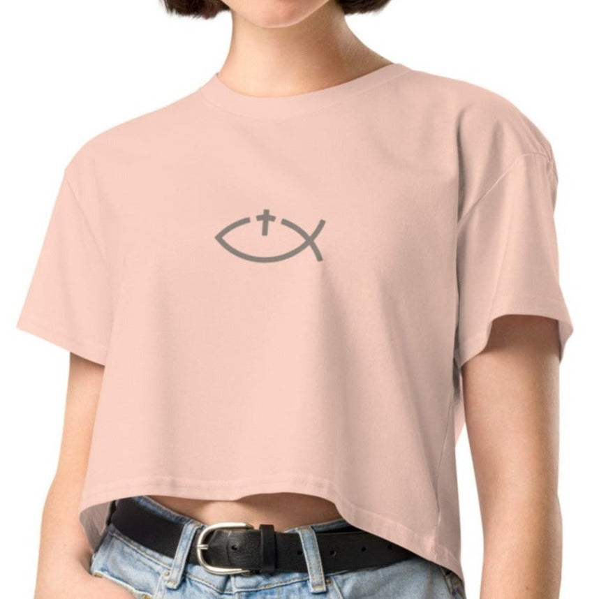 Aaryn Crop Tee.  "Ichthys or Jesus Fish with Cross"  Choose from 4 colors.